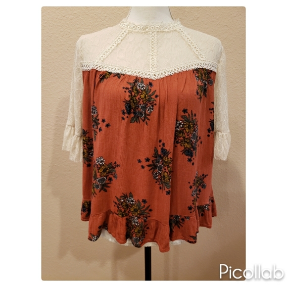 Umgee Tops - Umgee Lace Top Floral Print Baby Doll Top